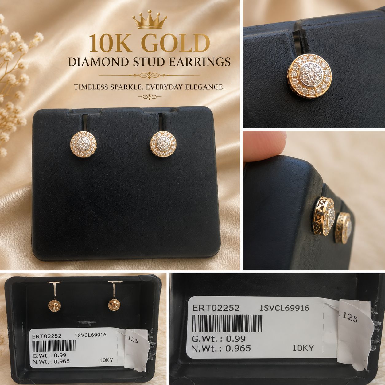 10K Yellow Gold Natural Diamond Round Stud Earrings 0.125 CTW 0.99g