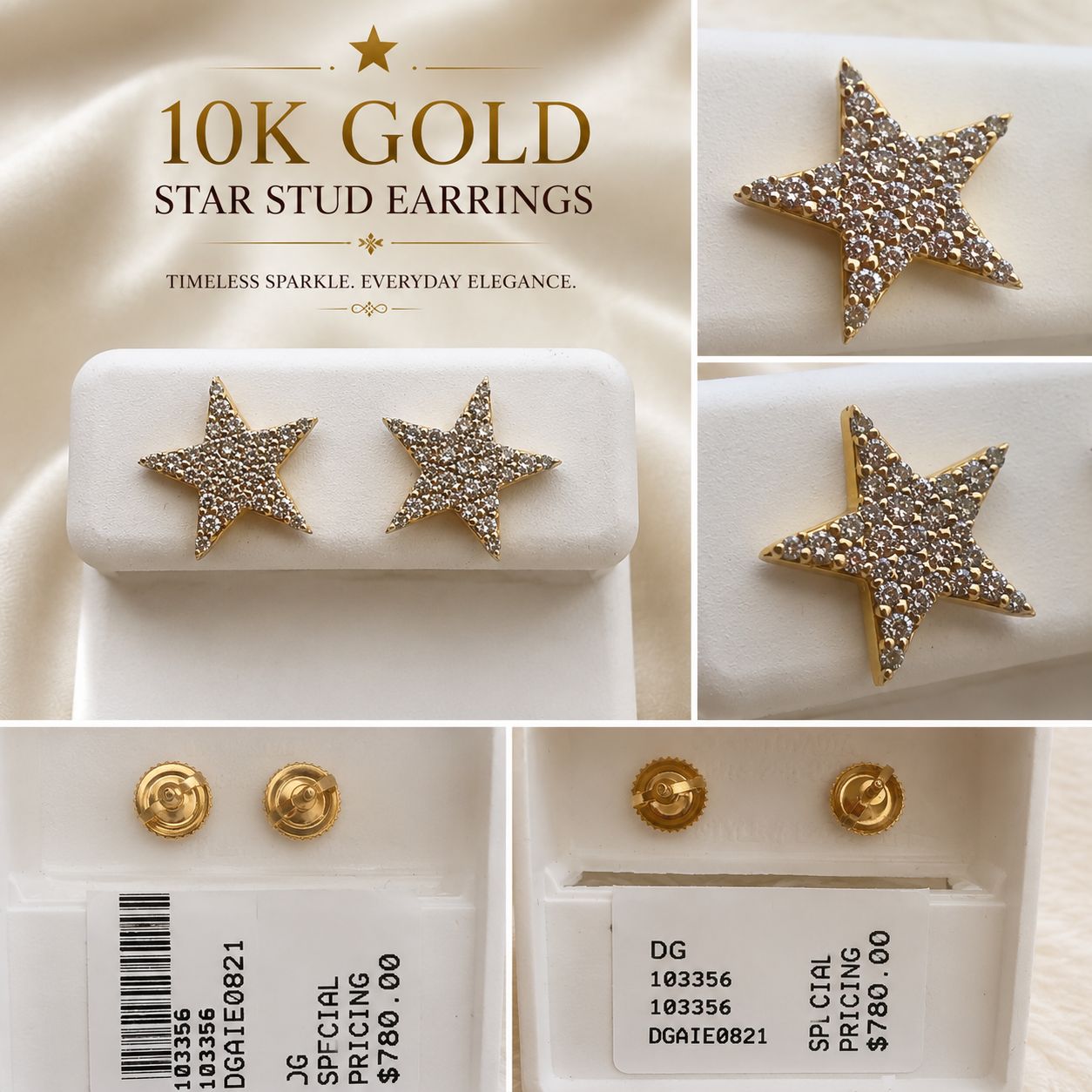 10K Yellow Gold Natural Diamond Star Stud Earrings Pavé Statement Screw Back