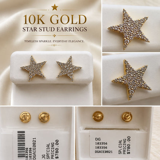 10K Yellow Gold Natural Diamond Star Stud Earrings Pavé Statement Screw Back