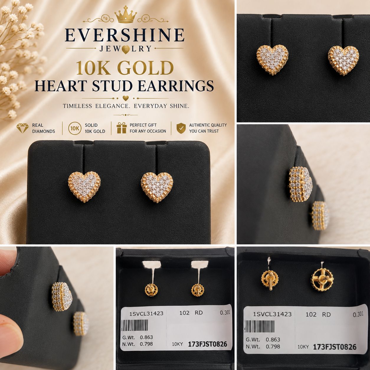 Evershine Jewelry 10K Yellow Gold Natural Diamond Heart Stud Earrings 0.30 CTW