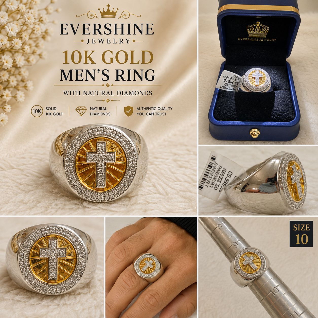 10K Gold Men’s Diamond Cross Ring – Two-Tone Statement Ring – Size 10