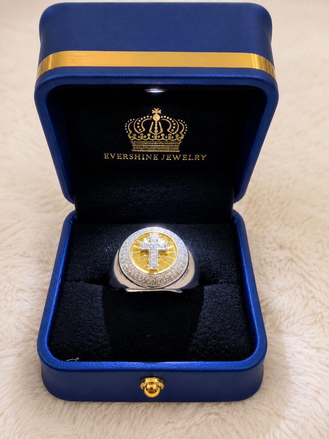 10K Gold Men’s Diamond Cross Ring – Two-Tone Statement Ring – Size 10