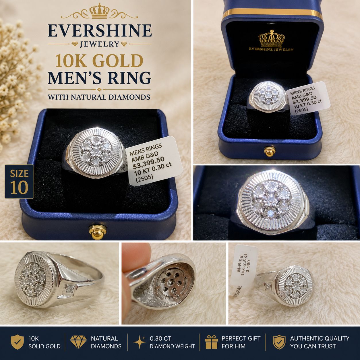 Evershine Jewelry Men’s 10K Gold Natural Diamond Cluster Ring – Size 10