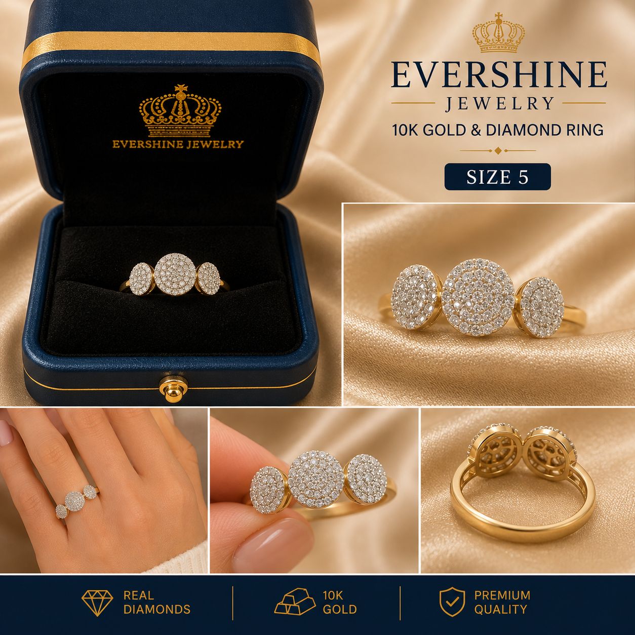 10K Gold Natural Diamond Women’s Three-Circle Cluster Ring – Size 5 | Evershine Jewelry