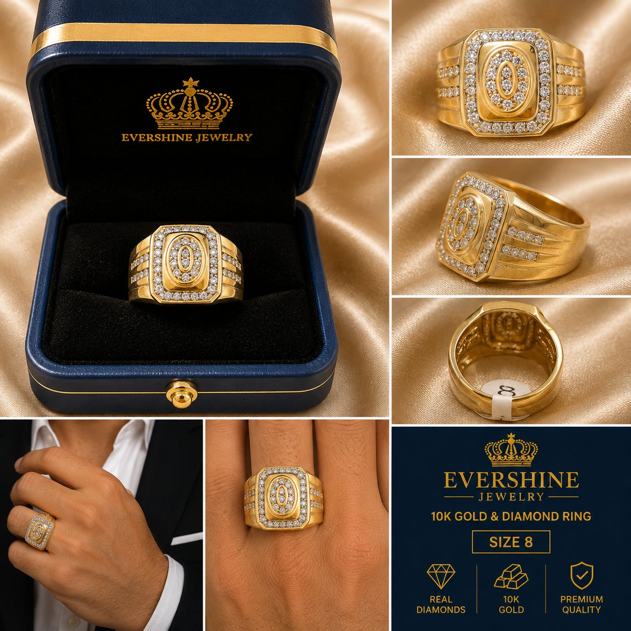 Men’s 10K Gold Natural Diamond Statement Ring – Size 8 | Evershine Jewelry