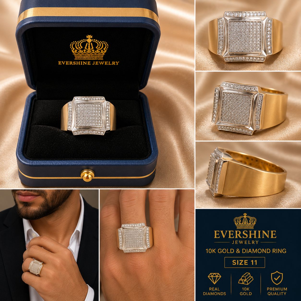 Men’s 10K Gold Natural Diamond Square Statement Ring – Size 11 | Evershine Jewelry