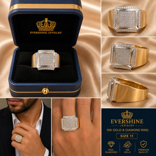 Men’s 10K Gold Natural Diamond Square Statement Ring – Size 11 | Evershine Jewelry