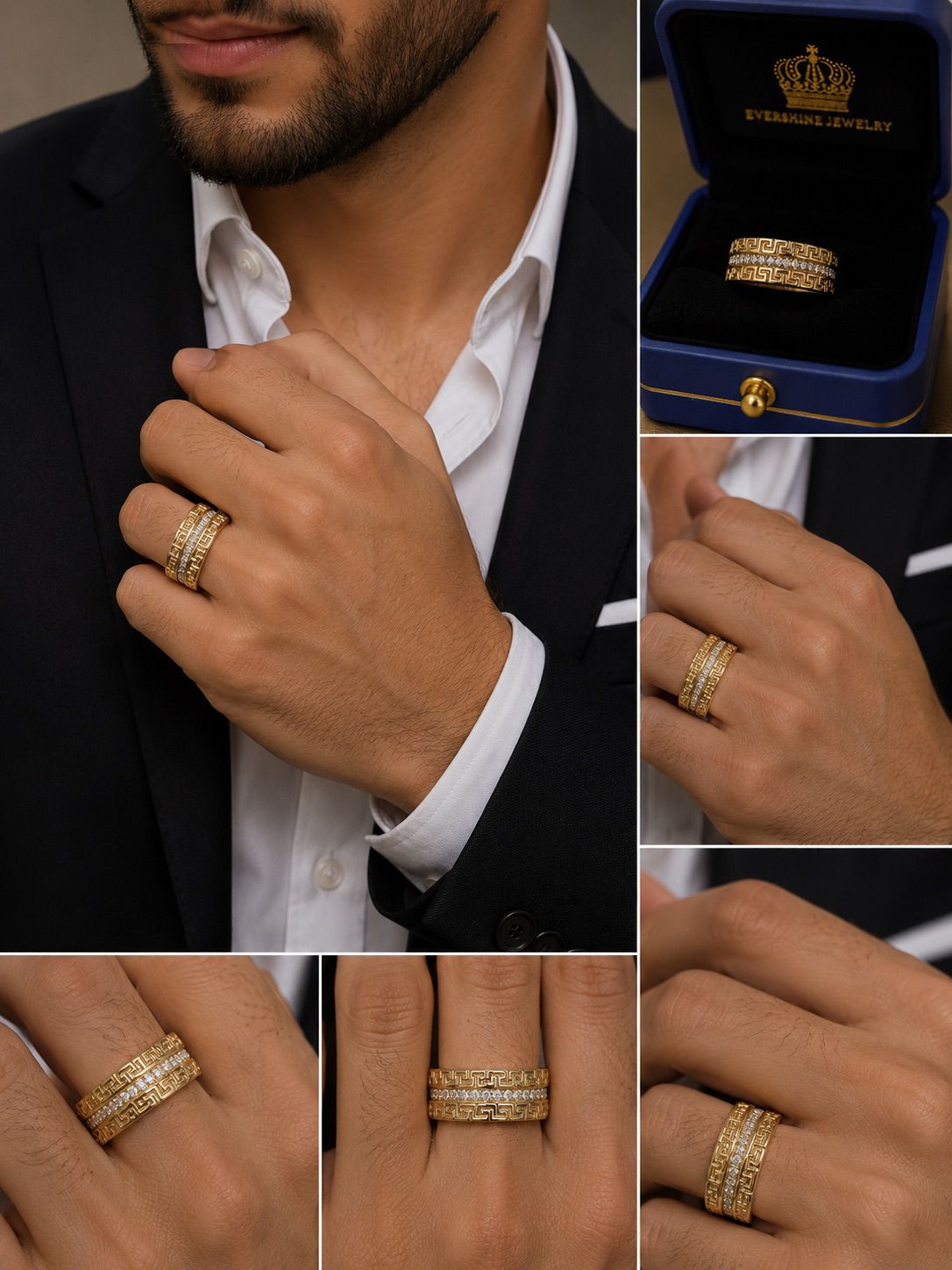 10K Gold Natural Diamond Greek Key Band Ring – Size 7 | Evershine Jewelry