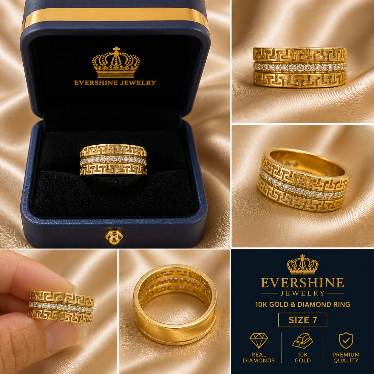10K Gold Natural Diamond Greek Key Band Ring – Size 7 | Evershine Jewelry