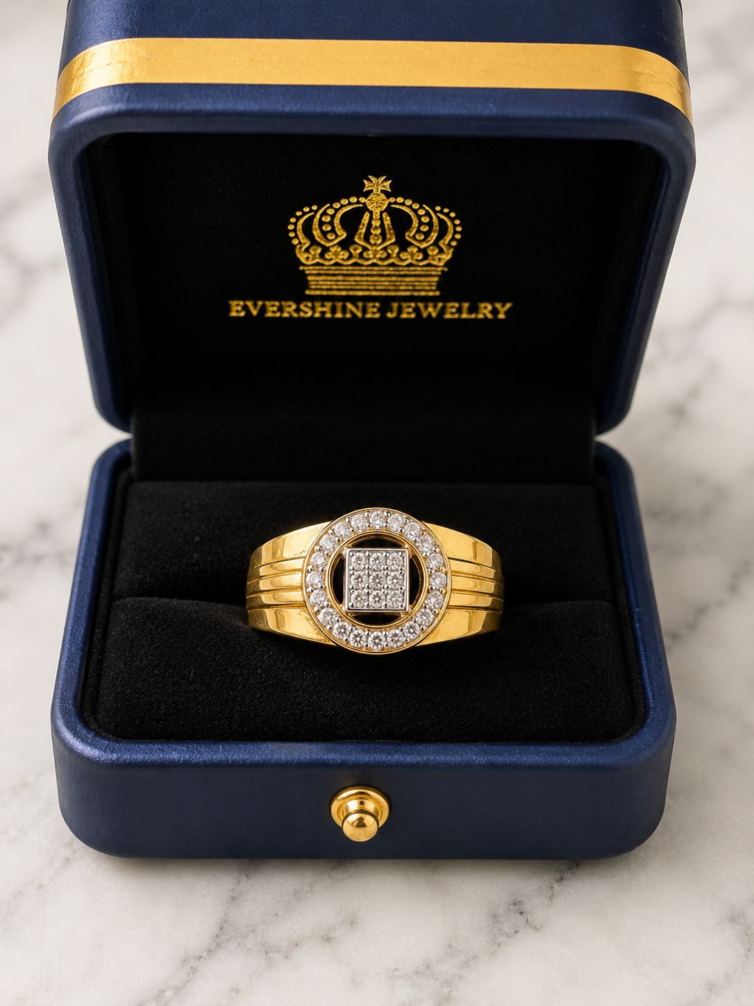Men’s 10K Gold Natural Diamond Round & Square Statement Ring – Size 10 | Evershine Jewelry