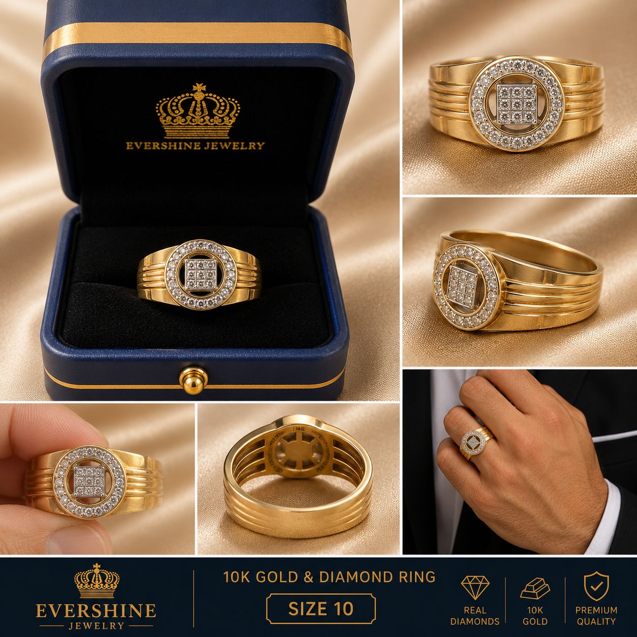 Men’s 10K Gold Natural Diamond Round & Square Statement Ring – Size 10 | Evershine Jewelry