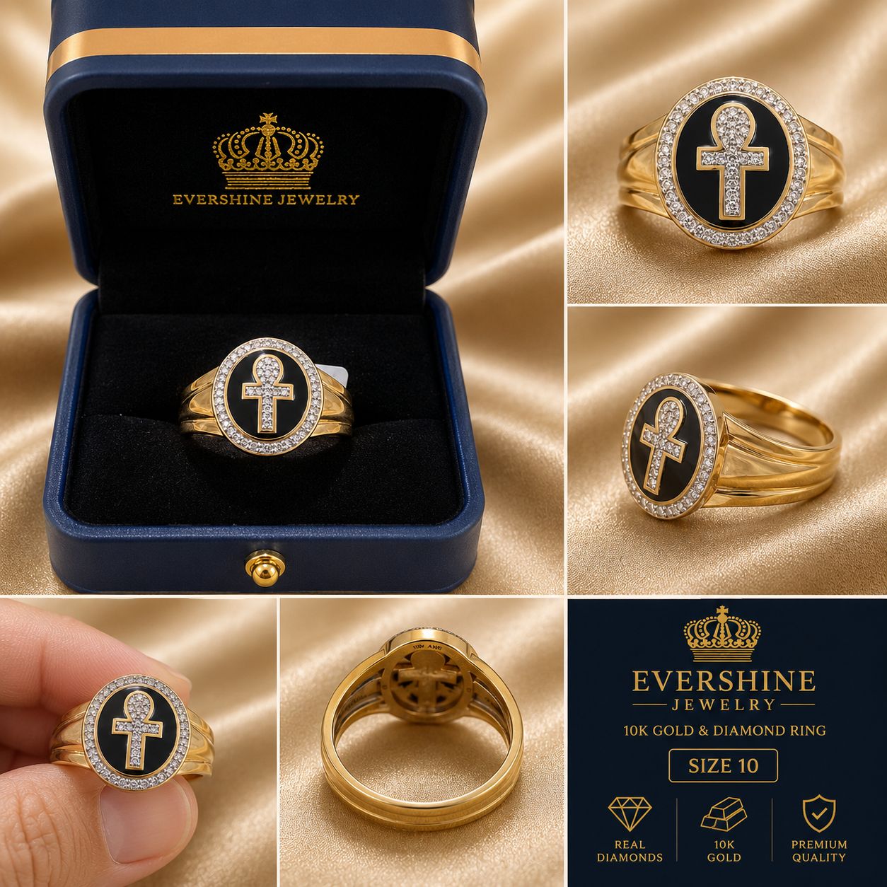 Men’s 10K Yellow Gold Natural Diamond Ankh Ring Black Onyx Style – Size 10 | Evershine Jewelry