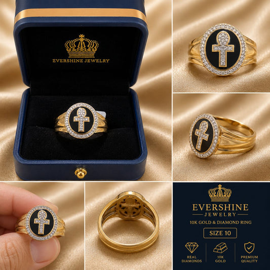 Men’s 10K Yellow Gold Natural Diamond Ankh Ring Black Onyx Style – Size 10 | Evershine Jewelry