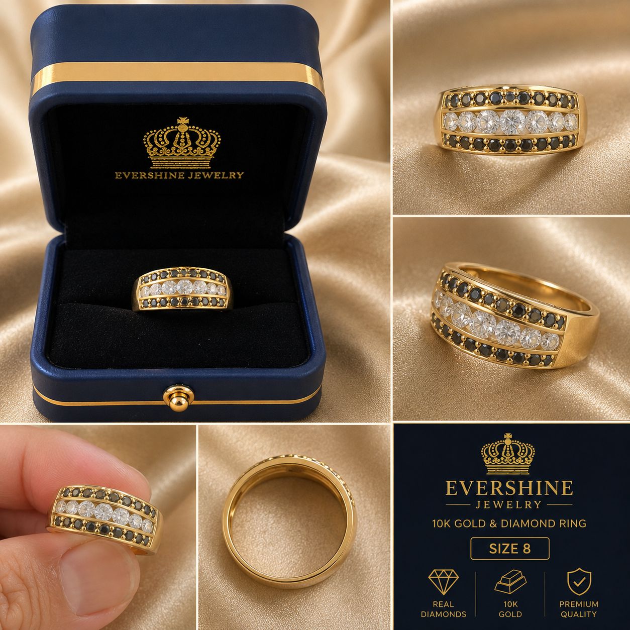 Men’s 10kYellow Gold Black & White Diamond Ring – Size 8 | Evershine Jewelry