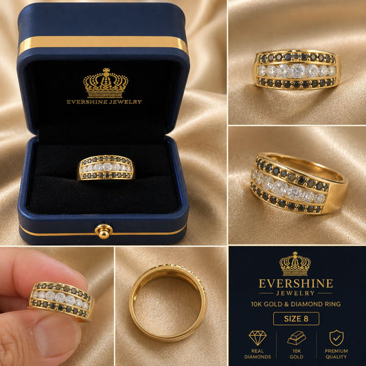 Men’s 10kYellow Gold Black & White Diamond Ring – Size 8 | Evershine Jewelry