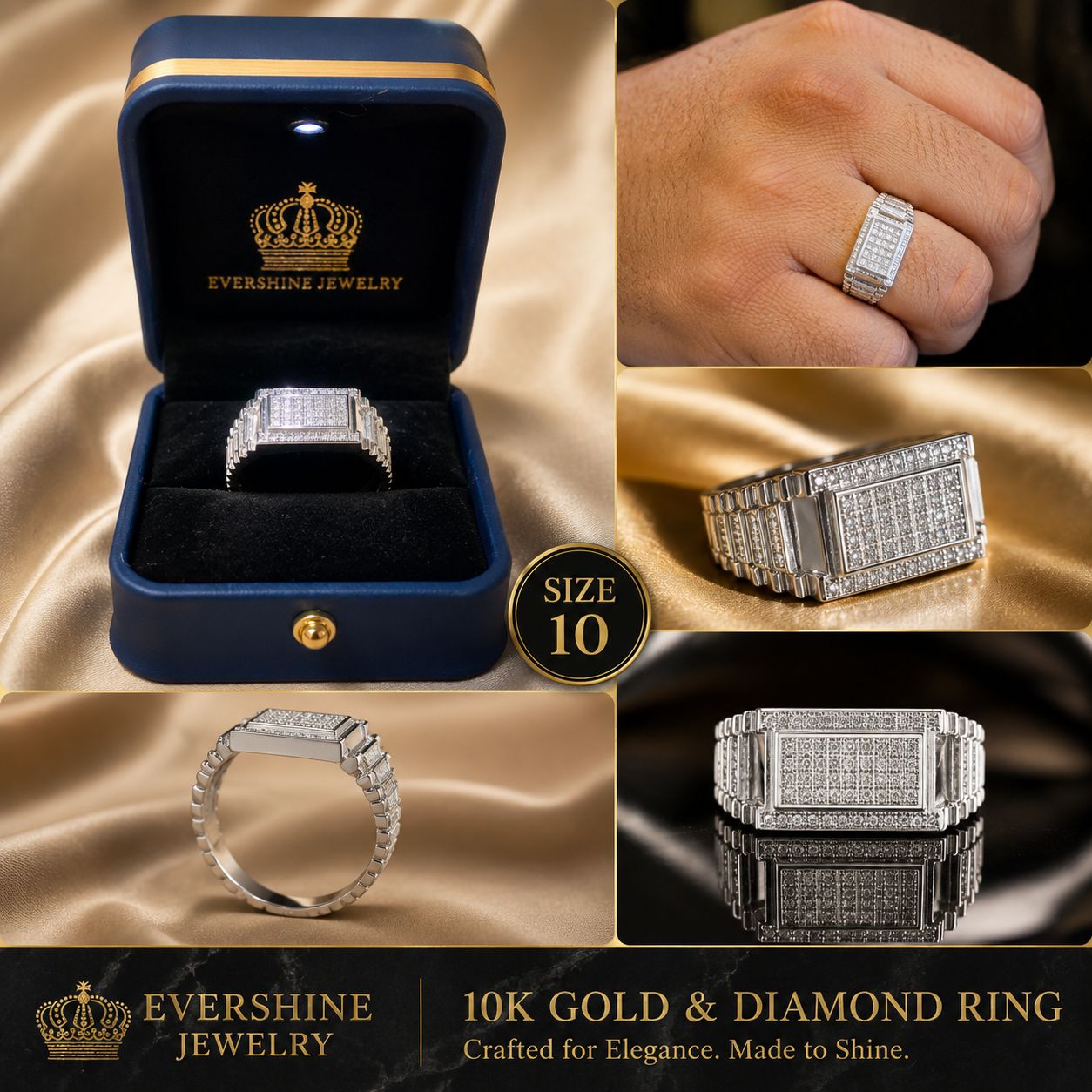 Men’s 10K White Gold Diamond Statement Ring – Size 10 | Evershine Jewelry