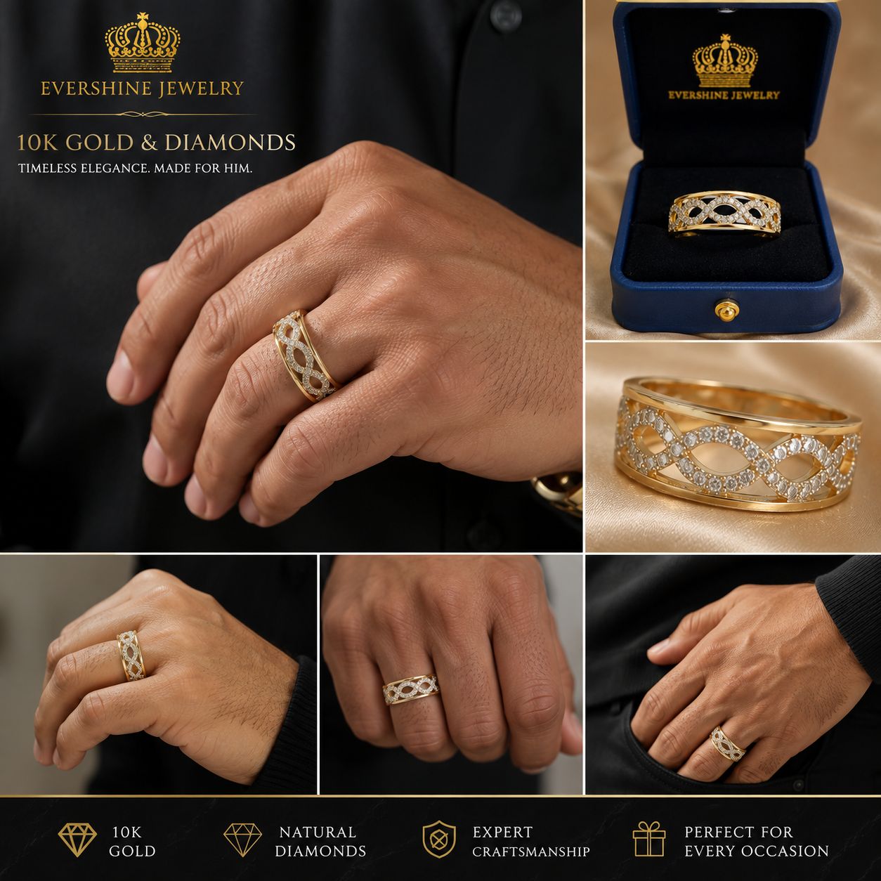 Men’s 10K Yellow Gold Natural Diamond Infinity Ring | Evershine Jewelry