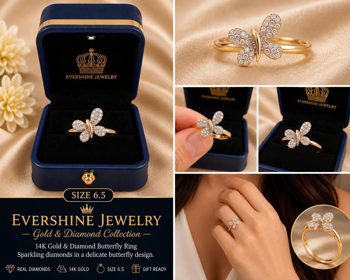 14K Gold Natural Diamond Butterfly Ring – Size 6.5 – Elegant Women’s Fine Jewelry