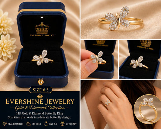 14K Gold Natural Diamond Butterfly Ring – Size 6.5 – Elegant Women’s Fine Jewelry