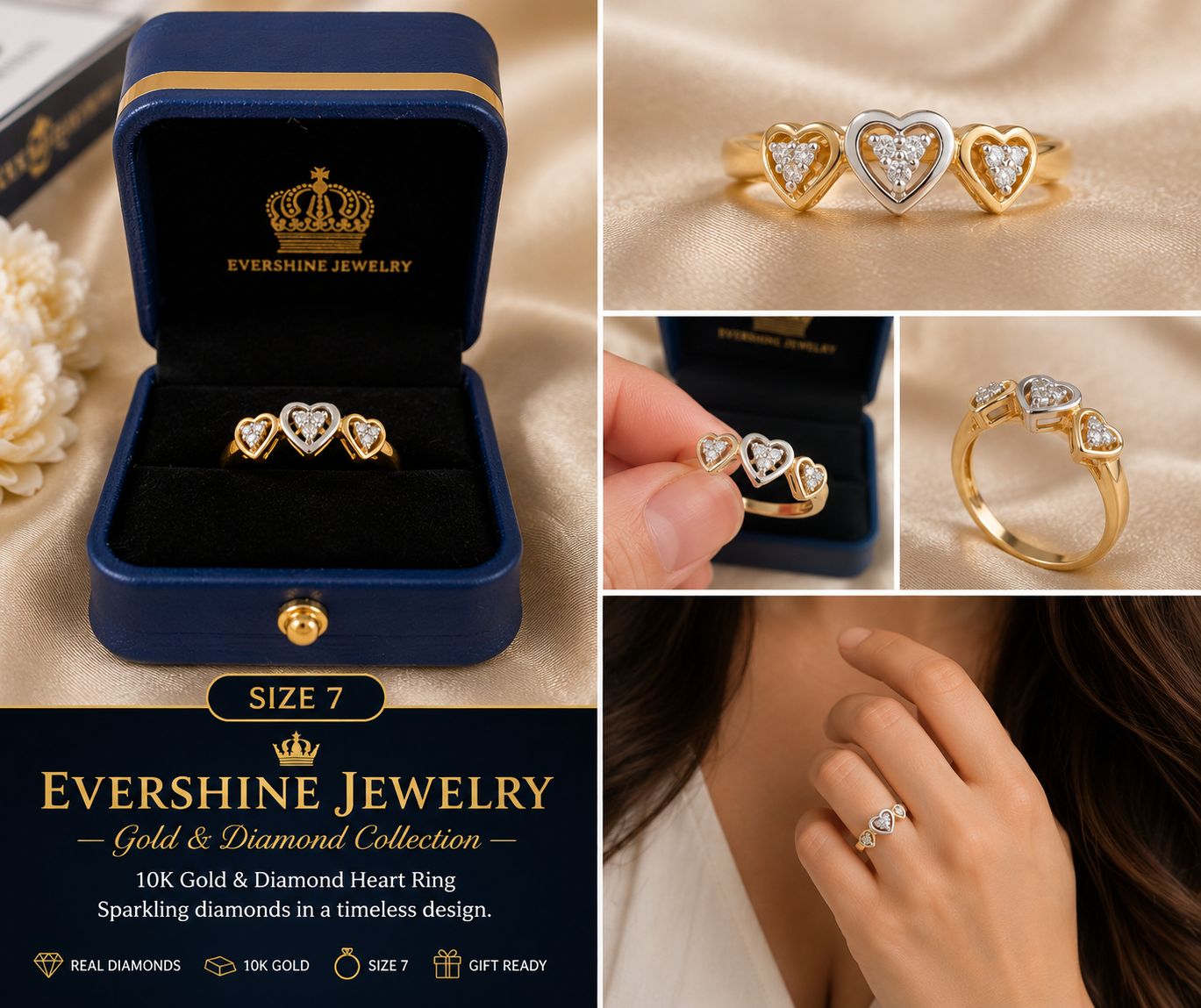 10K Gold Natural Diamond Triple Heart Ring – Women’s Size 7 – Evershine Jewelry