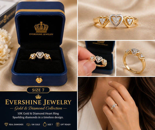 10K Gold Natural Diamond Triple Heart Ring – Women’s Size 7 – Evershine Jewelry