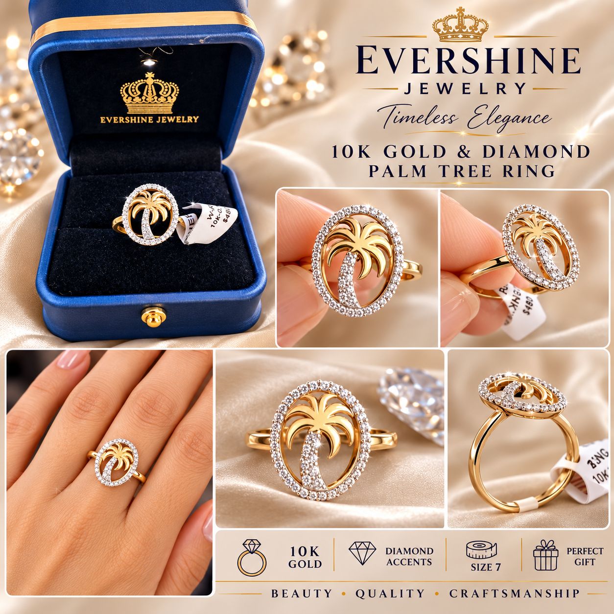 10K Yellow Gold Diamond Palm Tree Ring Size 7 – Evershine Jewelry