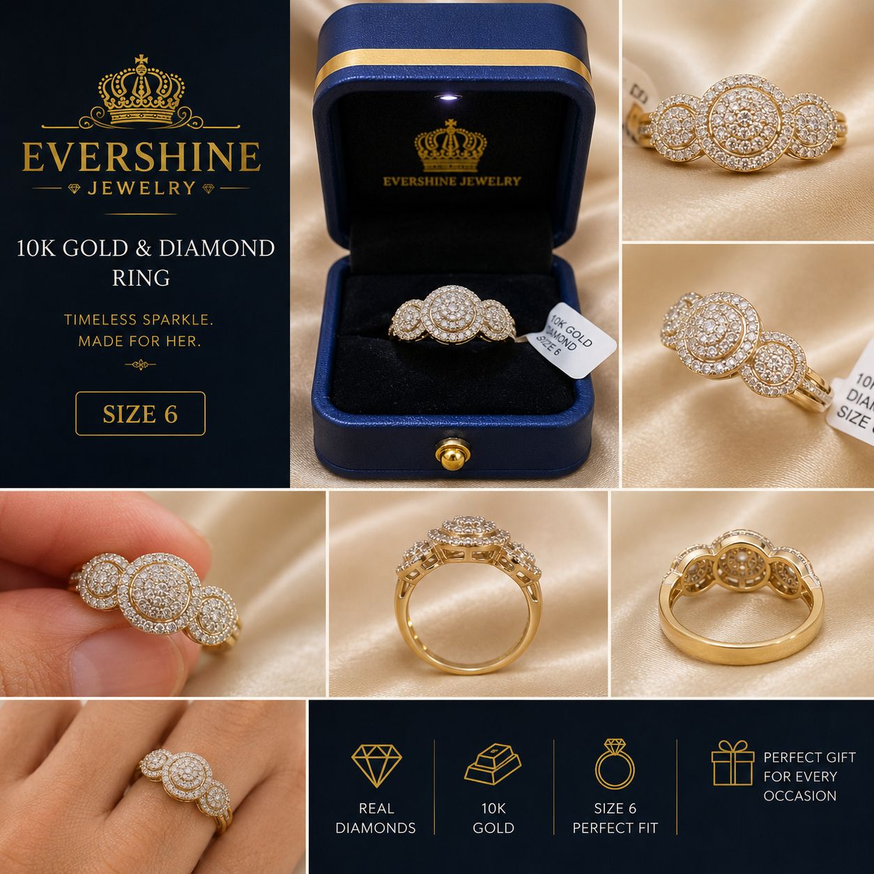 10K Yellow Gold Natural Diamond Three-Circle Halo Women’s Ring – Size 6
