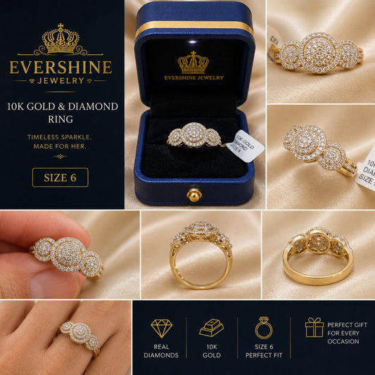 10K Yellow Gold Natural Diamond Three-Circle Halo Women’s Ring – Size 6