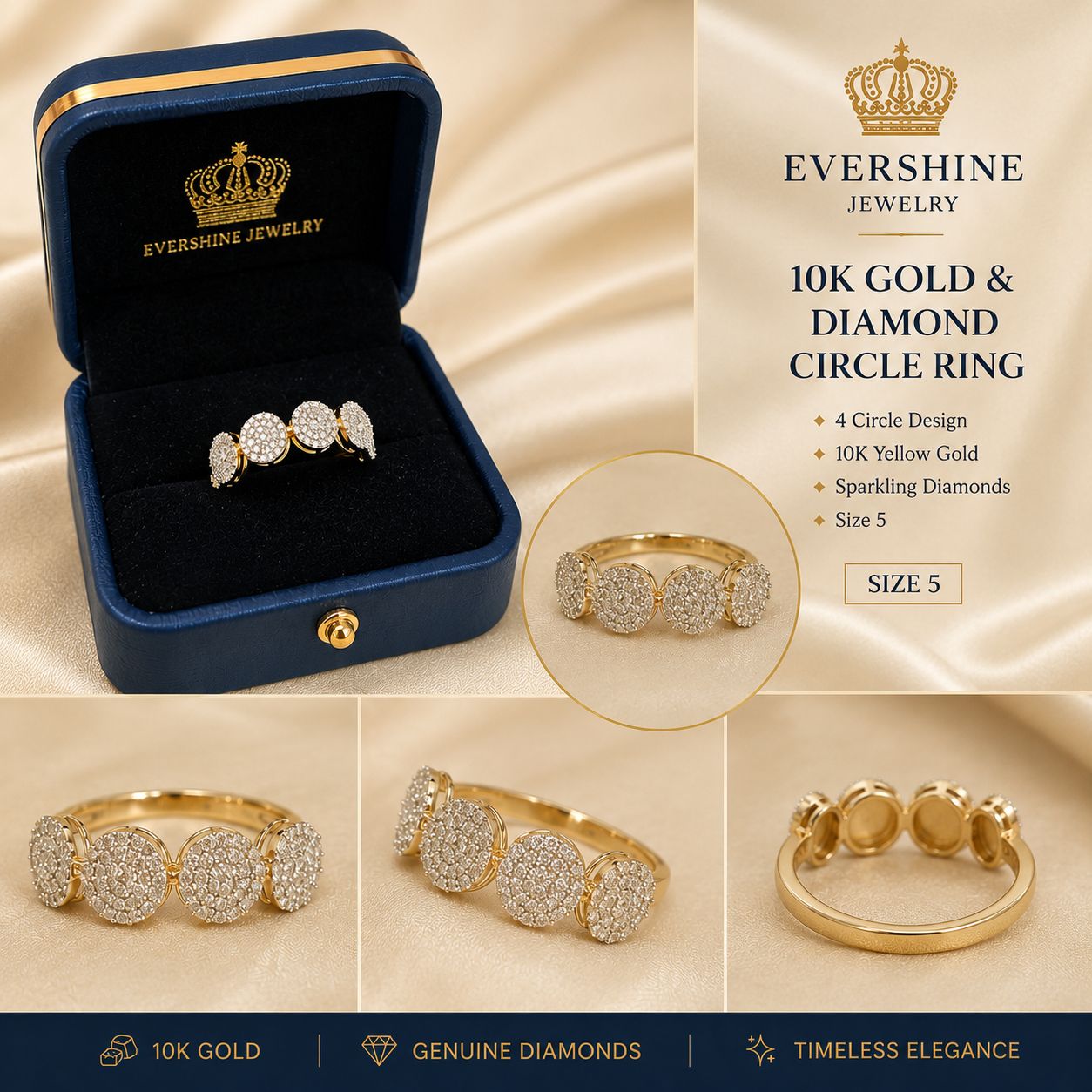 10K Gold Diamond Four-Circle Statement Ring – Evershine Jewelry – Size 5