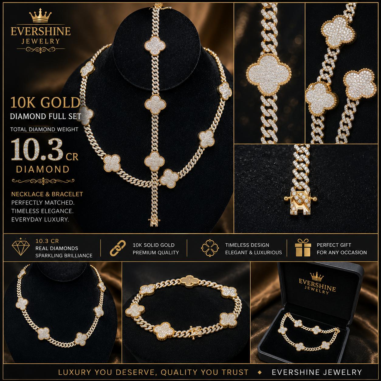 10K Gold Natural Diamond Clover Necklace & Bracelet Set – 10.3 CTW
