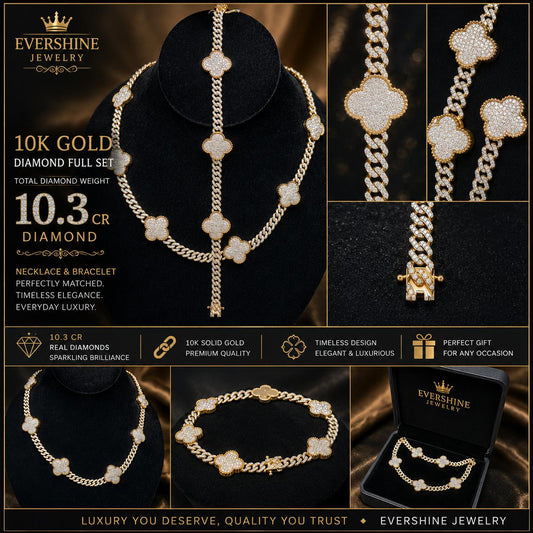 10K Gold Natural Diamond Clover Necklace & Bracelet Set – 10.3 CTW