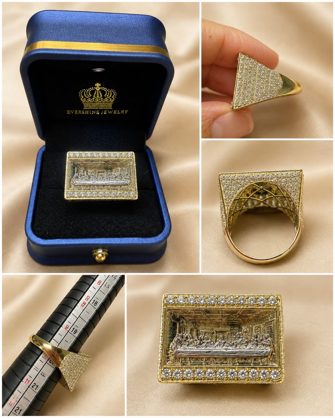 10K Yellow Gold CZ Last Supper Statement Ring Religious Jesus Iced Out
