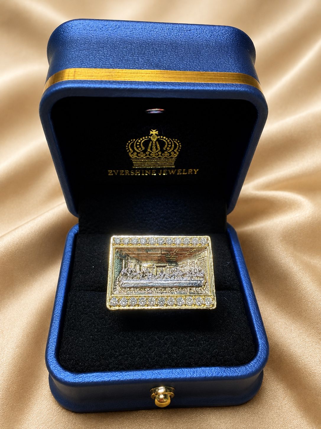 10K Yellow Gold CZ Last Supper Statement Ring Religious Jesus Iced Out