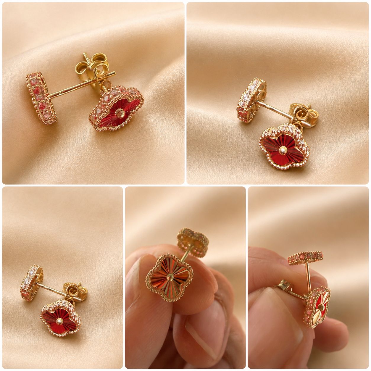 10K Yellow Gold Flower Stud Earrings CZ Accents Floral Ladies Jewelry