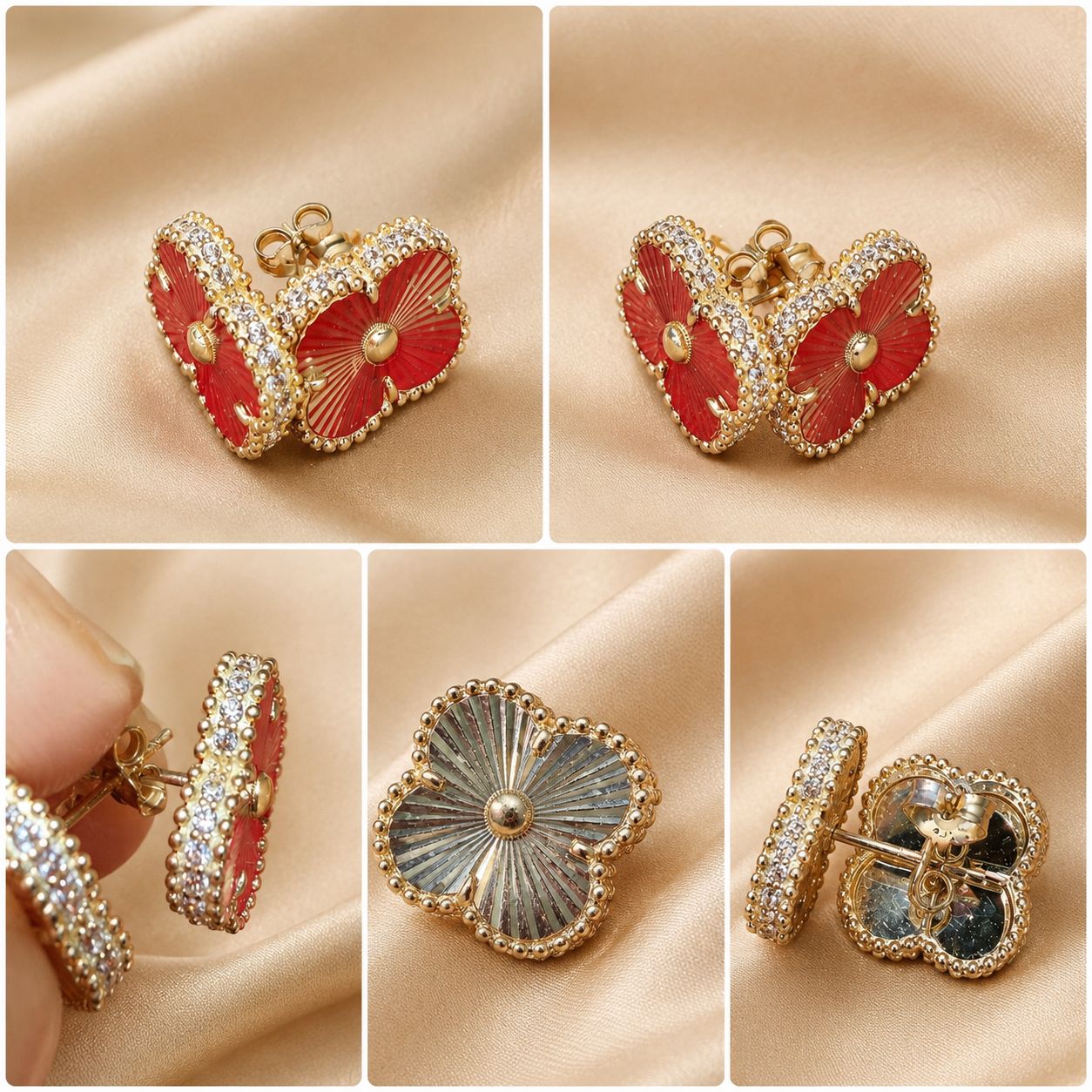 10K Yellow Gold  Flower Stud Earrings CZ Accents Floral Ladies Jewelry