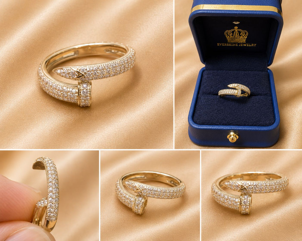 10K Yellow Gold CZ Nail Wrap Ring Iced Out Statement Ring Unisex