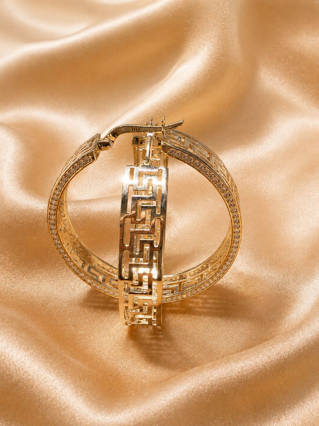 10K Yellow Gold Large Greek Key Hoop Earrings CZ Accents Statement Hoops