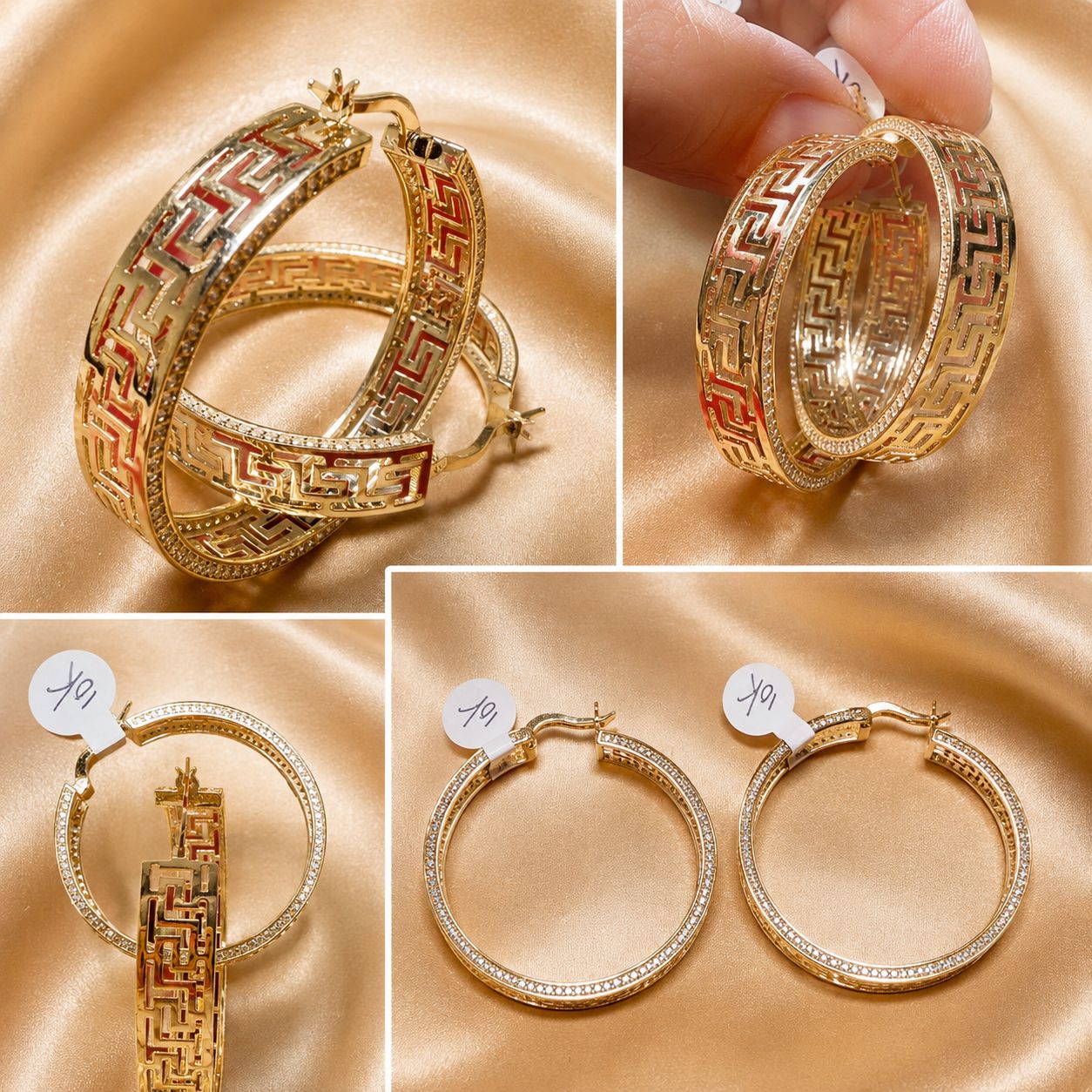 10K Yellow Gold Large Greek Key Hoop Earrings CZ Accents Statement Hoops