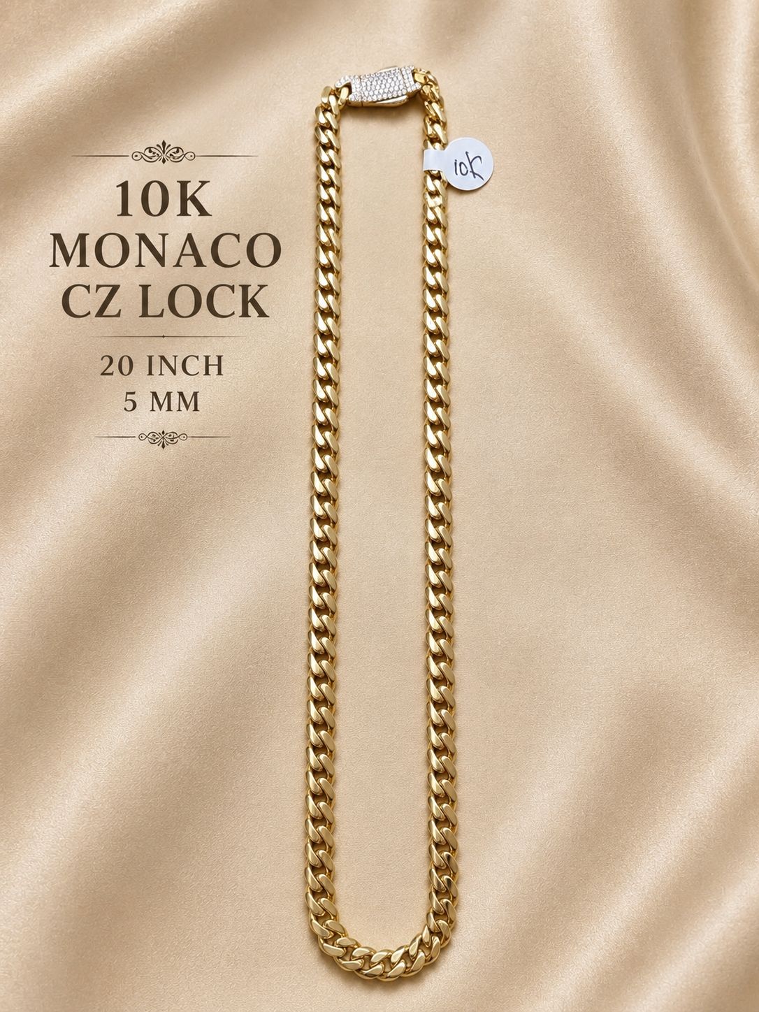 10K Gold Monaco CZ Lock Curb Chain Necklace 20” 5mm