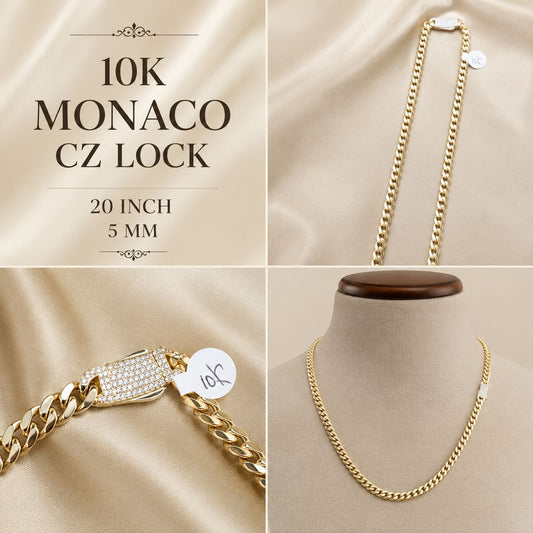 10K Gold Monaco CZ Lock Curb Chain Necklace 20” 5mm