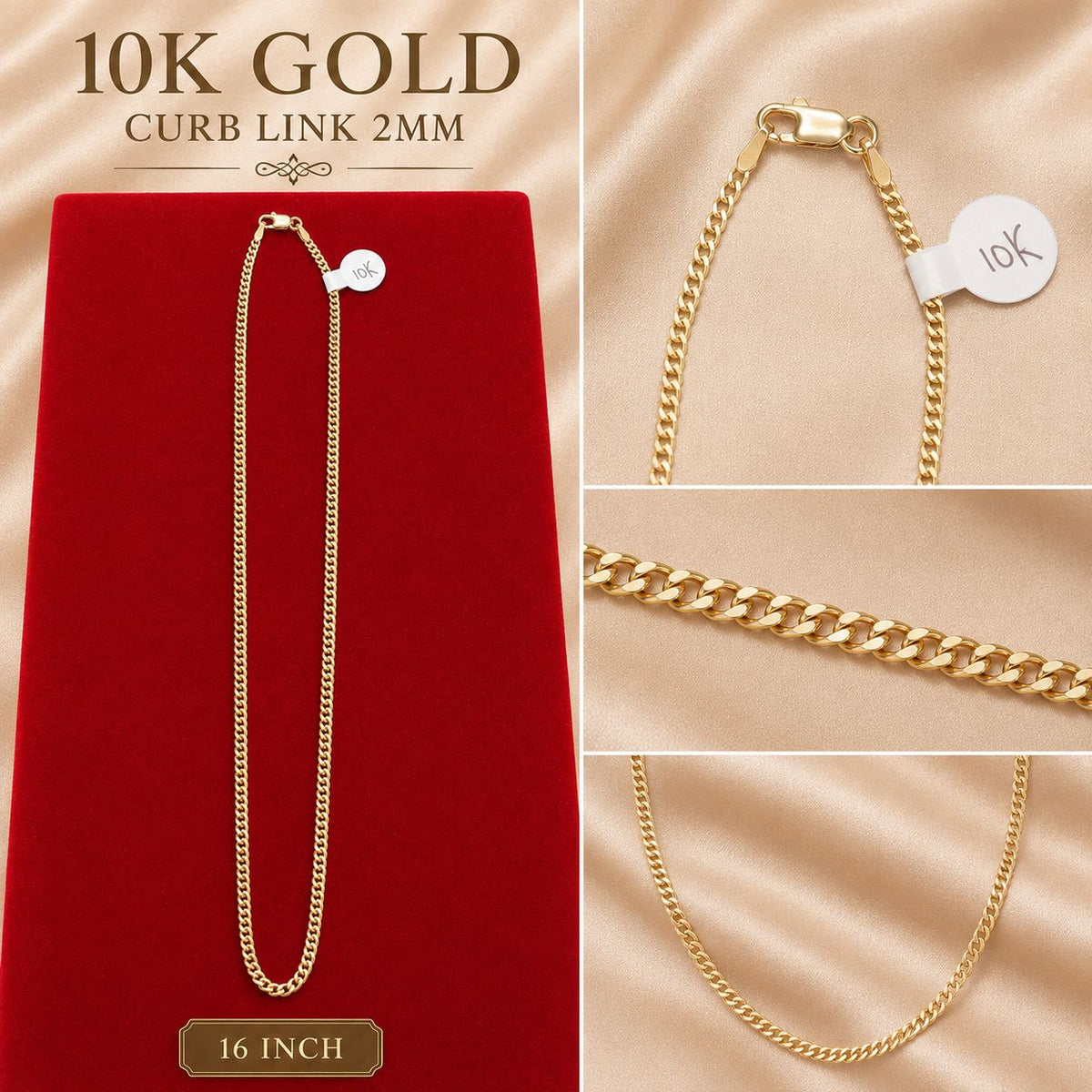 10K Yellow Gold Curb Link Chain Necklace 2mm – 16” or 20” – Classic Unisex