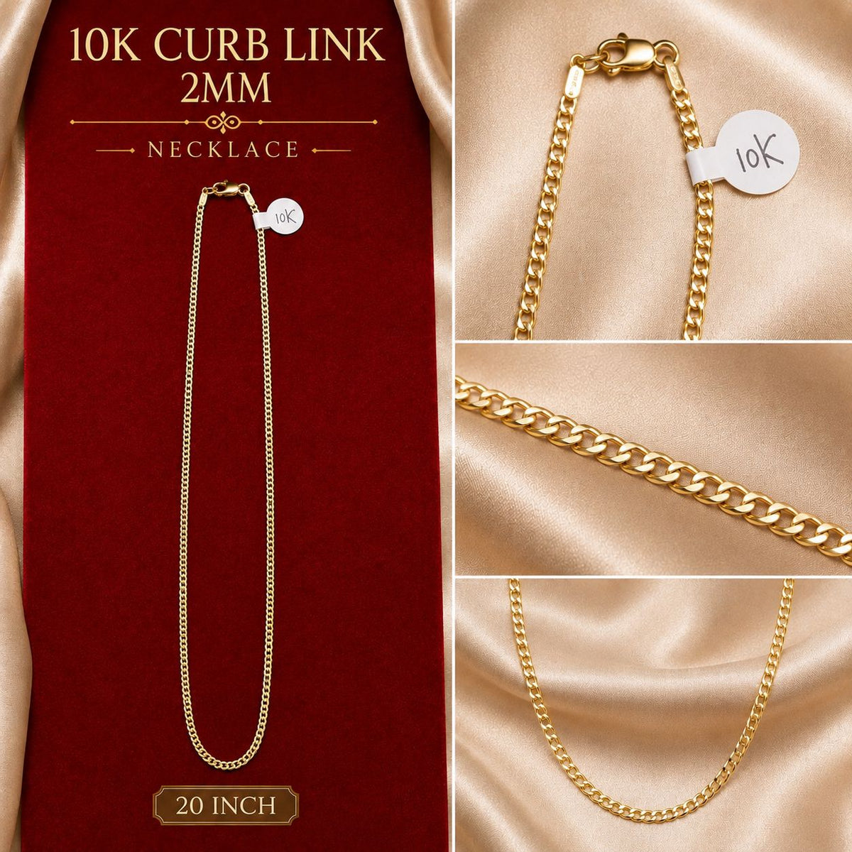 10K Yellow Gold Curb Link Chain Necklace 2mm – 16” or 20” – Classic Unisex