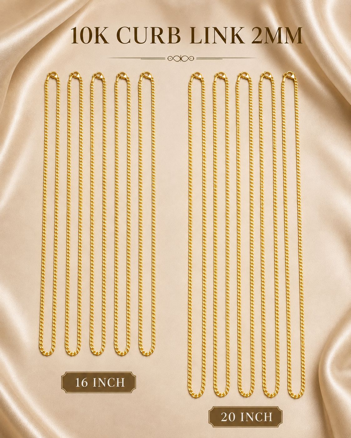 10K Yellow Gold Curb Link Chain Necklace 2mm – 16” or 20” – Classic Unisex