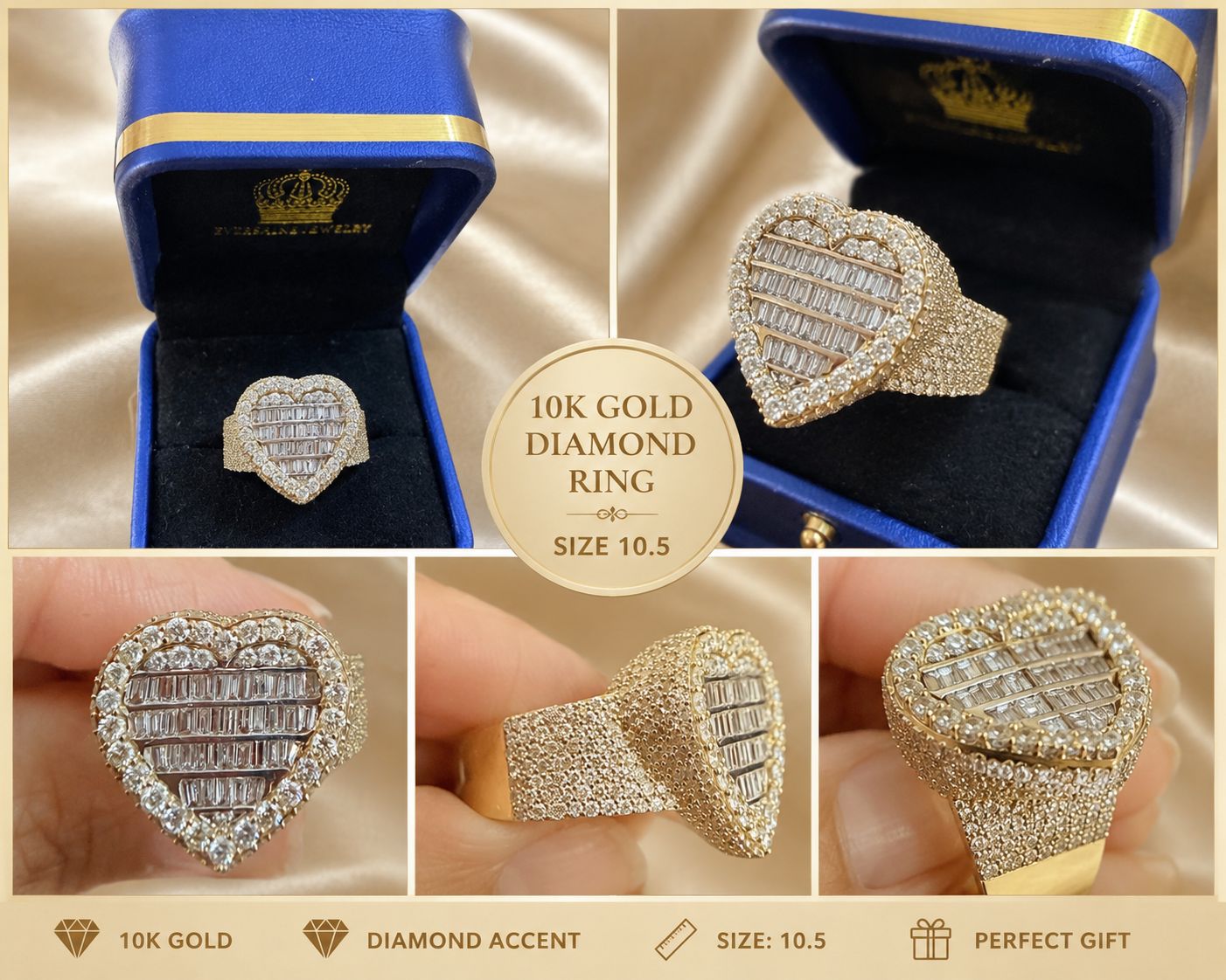 10K Yellow Gold Diamond Heart Ring Baguette & Round Diamond Statement Ring Size 10.5