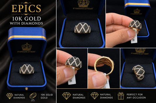 10K Yellow Gold Natural Diamond Men’s Statement Ring Black & White Diamond Criss Cross