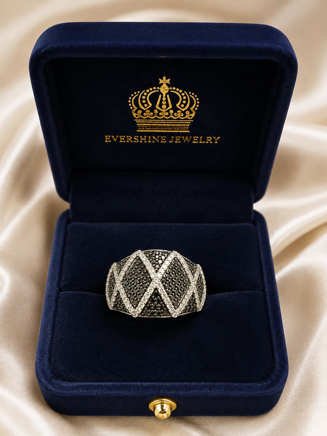 10K Yellow Gold Natural Diamond Men’s Statement Ring Black & White Diamond Criss Cross