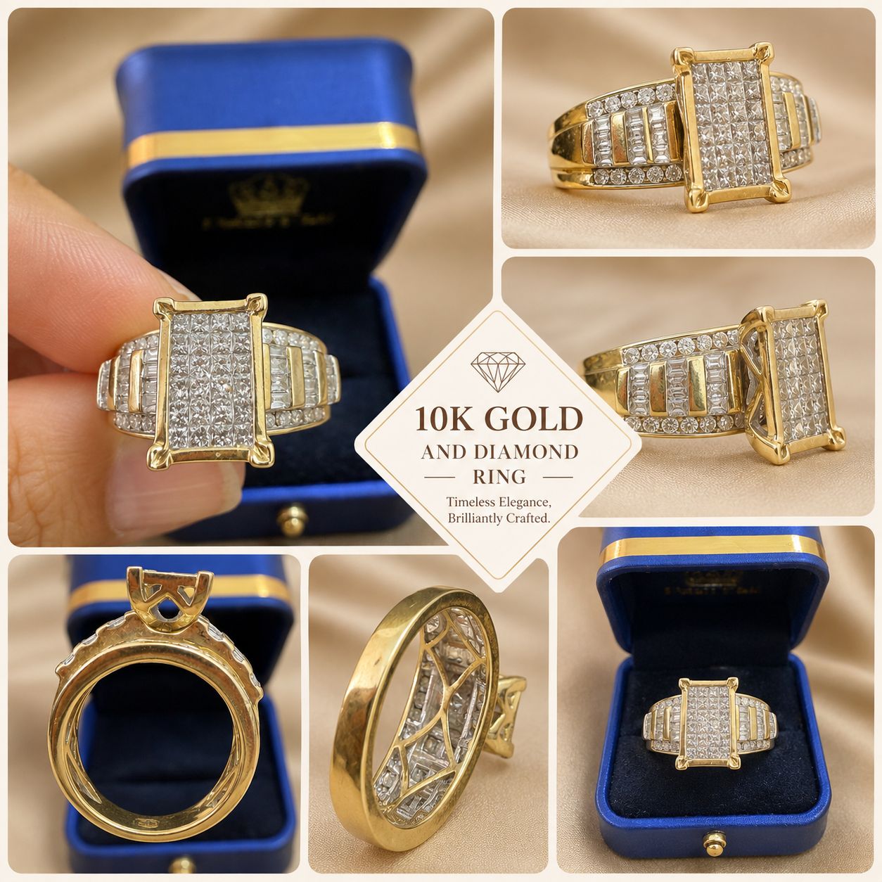 10K Yellow Gold Diamond Men’s Ring Baguette & Round Diamond Statement Ring