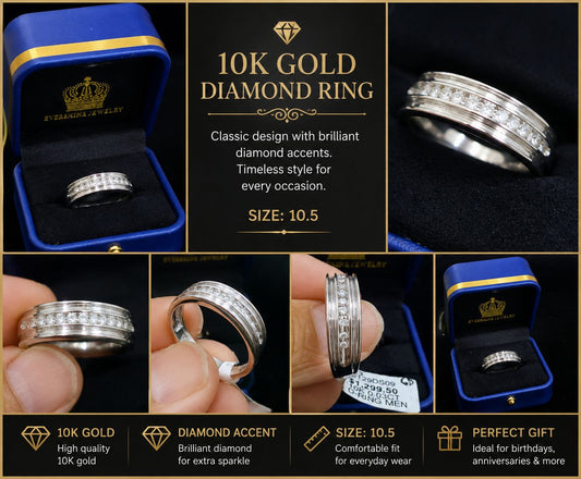10K White Gold Natural Diamond Men’s Wedding Band Ring Size 10.5