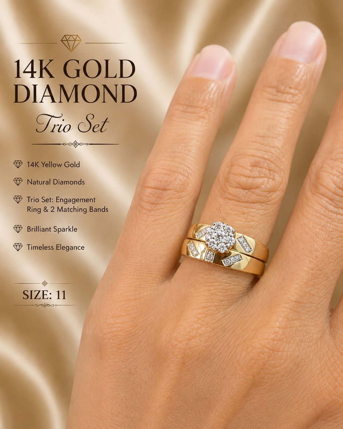 14K Yellow Gold Natural Diamond His & Hers Wedding Trio Set 3 Rings Size 11
