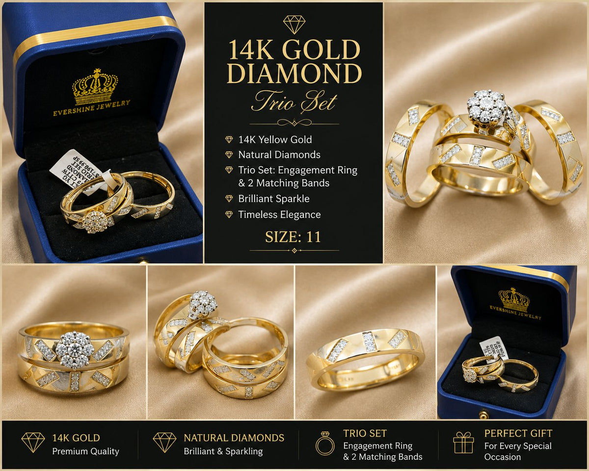14K Yellow Gold Natural Diamond His & Hers Wedding Trio Set 3 Rings Size 11